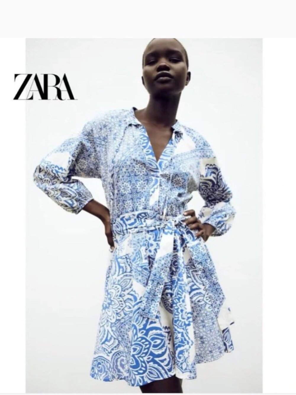Zara Blue and White Bohemian Print Belted Mini Dress